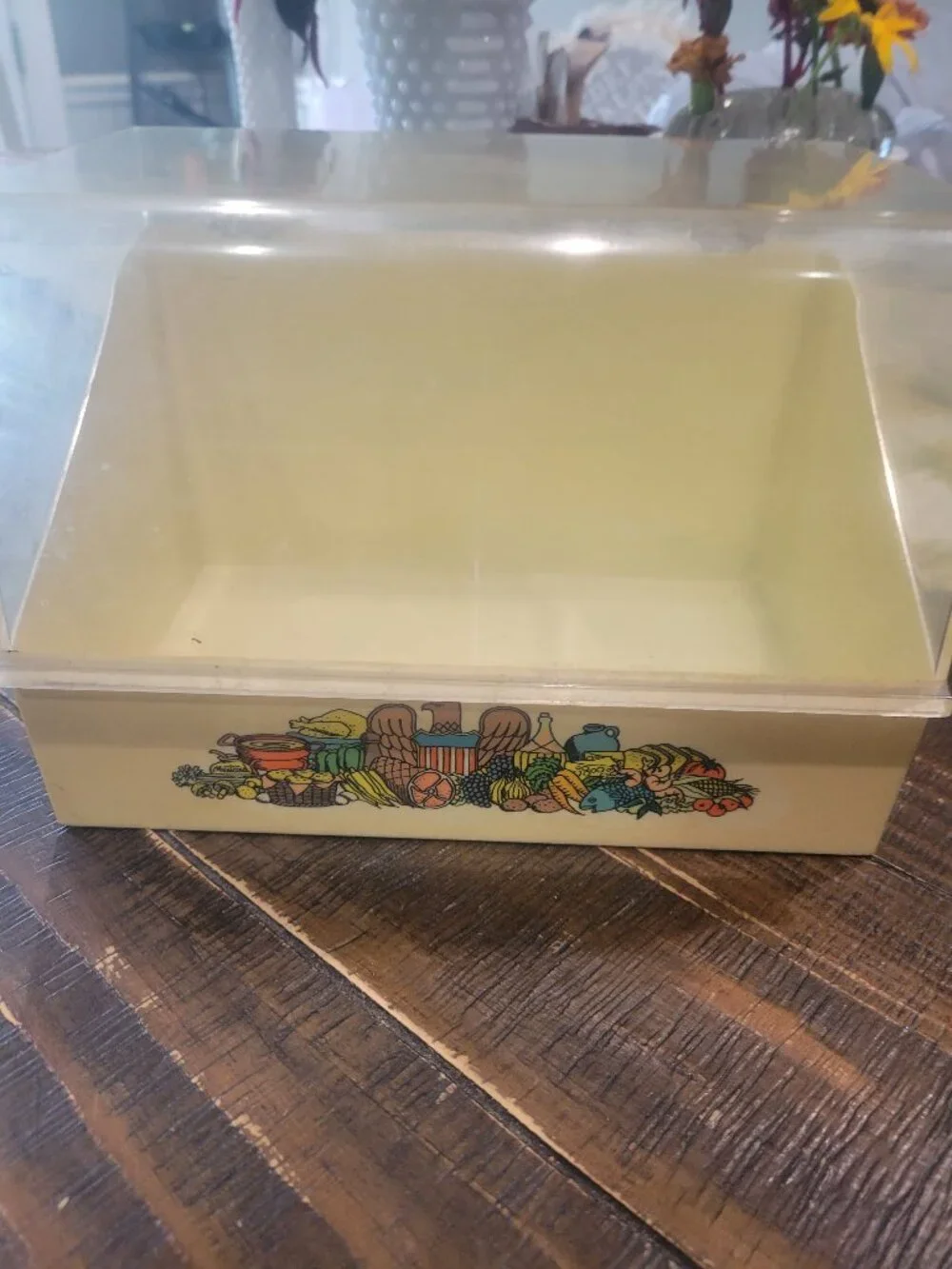 Vintage Recipe Card Holder Storage Box w/ Clear Hinged Lid Harvest Kitchen Graph